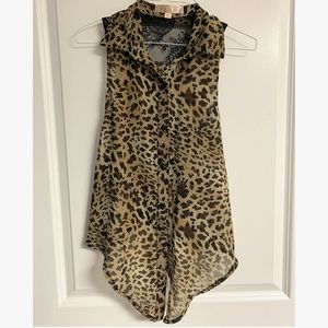 Penelope Cheetah Print Sheer Sleeveless Button Down Semi Sheer Top